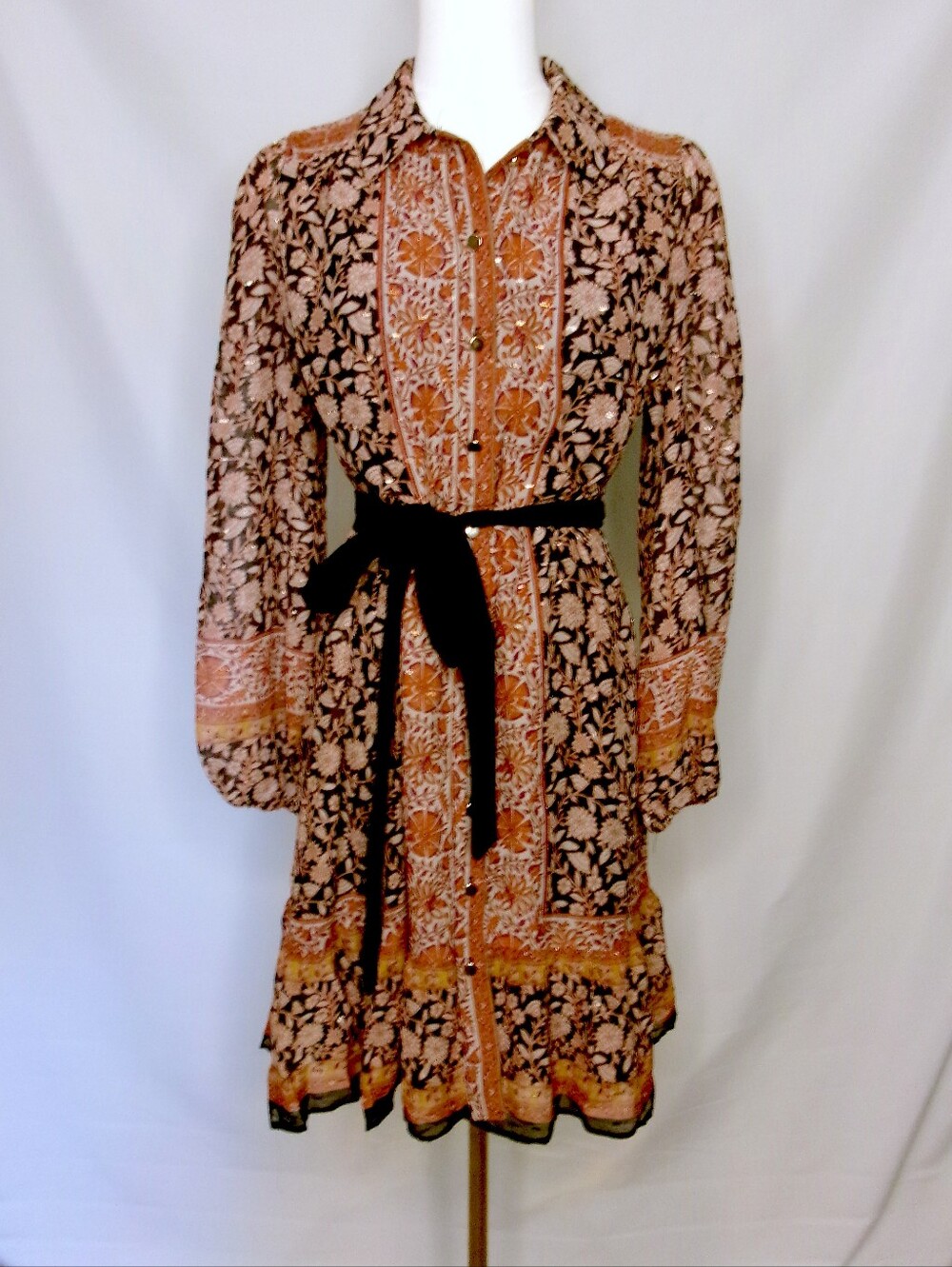 1. State Floral Button-Front Long Sleeve Dress in Brown and Tan
